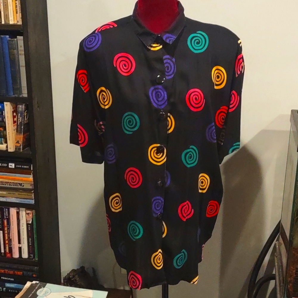 Vintage Caliché Blouse Button Down Swirl Rainbow Colors